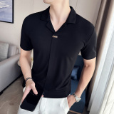 夏季弹力性感V领古巴领短袖T恤男高级感冰丝薄款T恤咖啡T2418-P63，男装T恤，电商A213