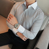长期做~拼色大领衬衫男士长袖修身条纹西装衬衣蓝色C6607-P68，男装西服套装，电商A213