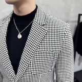 高级感厚款西装外套男潮流修身黑白拼接千鸟格子西服男DX916-P138，男装西服套装，电商A213