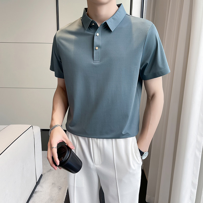 轻熟风~纯色高弹冰丝翻领无痕T恤男士短袖POLO衫粉紫色PL02-P50,男装T恤,电商A213