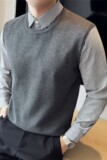 秋冬时尚条纹衬衫领男毛衣商务假两件针织衫高级感灰色M6805-P88，男装针织衫/毛衣，电商A213
