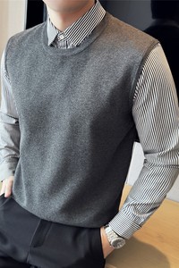 秋冬时尚条纹衬衫领男毛衣商务假两件针织衫高级感灰色M6805-P88图片