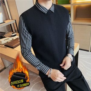 加厚加绒~时尚假两件条纹拼接衬衫领针织背心男毛衣JR6801-P98图片