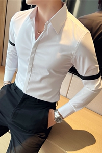 长期做~手臂织带装饰设计感衬衫男长袖帅气休闲痞帅衬衣C5122-P75图片