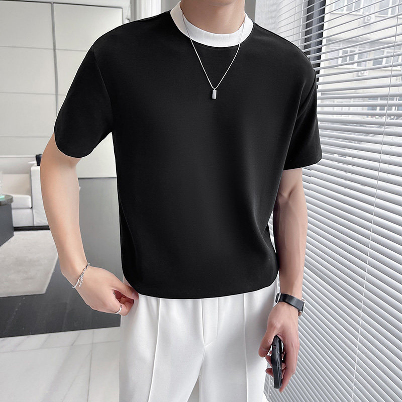 轻熟风~假两件领口~圆领短袖t恤男纯棉宽松纯色打底黑色TU271-P53,男装T恤,电商A213