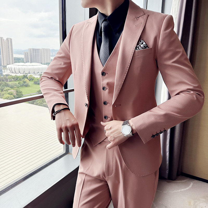 高品质面料西服套装一粒扣戗驳领西装三件套粉色SJT8012-P275图片