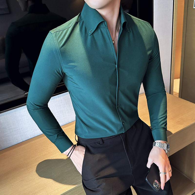 高级感纯色V领衬衫男长袖立领衬衣垂坠感一字领衬衫白色C6623-P58图片