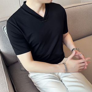 弹力性感V领青果领短袖T恤男高级感冰丝薄款T恤黑色T2413-P53图片