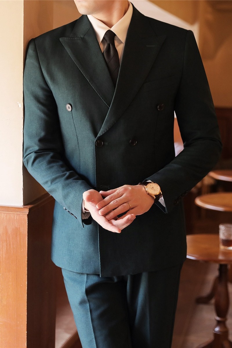 戗驳领双排扣男士休闲西服套装帅气西装两件套墨绿色LJT8801-P200,男装西服套装,电商A213
