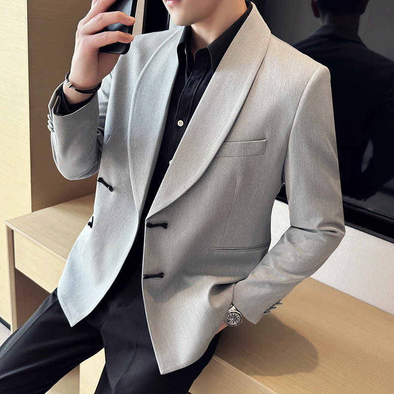 风休闲盘扣西服宴会西装青果领高档西装外套男灰色DX953-P168,男装西服套装,电商A213