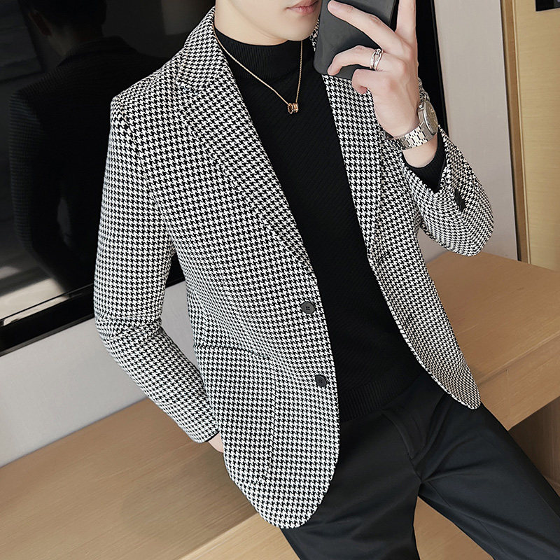 加厚西装外套男秋冬季潮流修身黑白拼接千鸟格子西服男DX916-P138,男装西服,电商A213