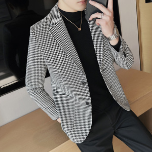 加厚西装外套男秋冬季潮流修身黑白拼接千鸟格子西服男DX916-P138图片