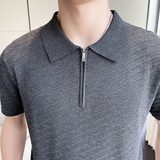 时尚斜条纹针织翻领短袖男T恤修身半拉链Polo衫男PL9761-P47，男装Polo衫，电商A213