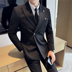 大码戗驳领双排扣西装两件套男修身商务西服套装LJT7053-P150特