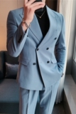 双排扣条纹西服两件套男士西装套装戗驳领修身西服蓝色LJT36-P230，男装西服，电商A213