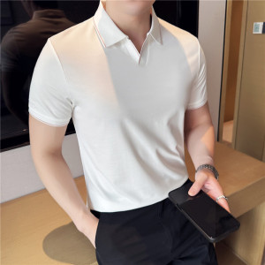 夏季V领短袖Polo衫拼色翻领薄款休闲冰丝弹力T恤咖啡色PL2711-P53图片