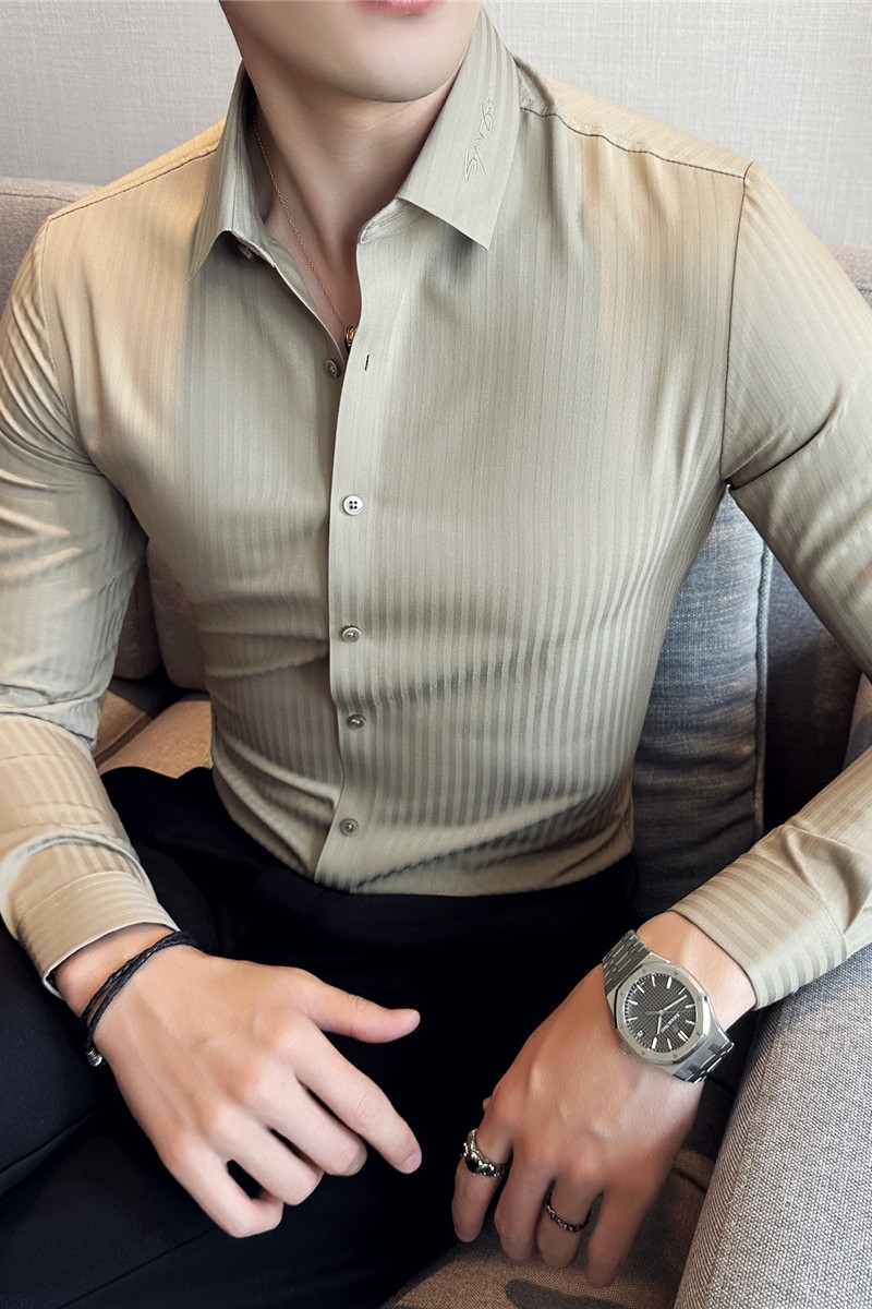 高品质暗条纹无痕衬衫免烫商务领口刺绣衬衣男长袖蓝色C6638-P78,男装衬衫,电商A213