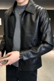 翻领皮衣男外套高级感痞帅短款潮流帅气皮夹克黑色JK6806-P88，男装夹克，电商A213