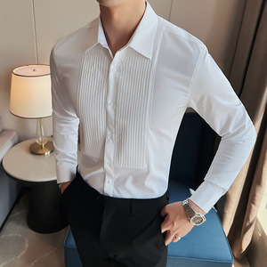 高品质面料 新郎结婚长袖衬衫男时尚褶皱礼服衬衣修身C6609-P73图片