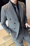高级感戗驳领双排扣西服套装质感条纹西装三件套灰色SJT152-P285，男装西服套装，电商A213