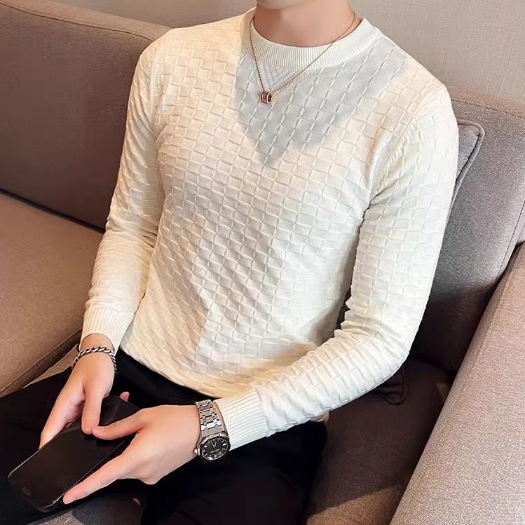 弹力提花编织冬季圆领毛衣男套头修身华夫格针织衫白色M9342-P57图片