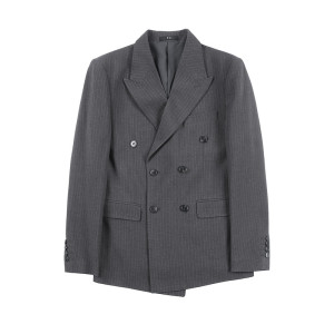 男士双排扣条纹休闲西服套装戗驳领西装两件套深灰色LJT36-P230图片
