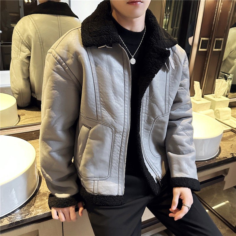 冬季加厚棉衣男皮毛一体棉服皮外套翻领拉链PU皮夹克PM22127-P263,男装棉衣,电商A213
