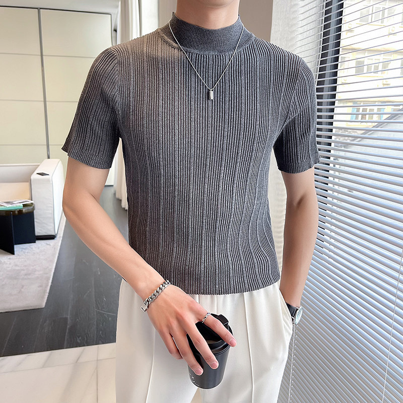 轻熟风~针织短袖半高领T恤男修身内搭上衣毛衣打底衫蓝色MY02-P45,男装T恤,电商A213
