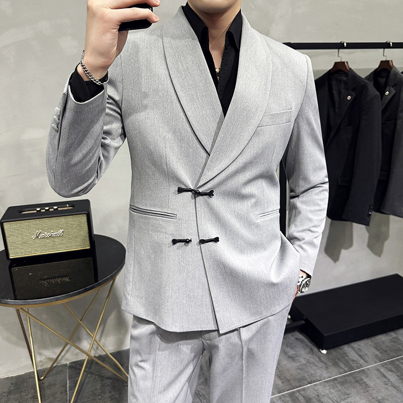 新中式休闲盘扣西服套装青果领宴会西装两件套男灰色LJT953-P243，男装西服套装，电商A213