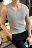 高级感坑条针织背心男无袖紧身T恤修身弹力内搭背心灰色BX002-P53，男装背心/马甲，电商A213