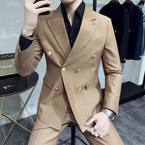 双排扣西服套装男休闲商务戗驳领气质西装高级感宝蓝色LJT10-P230图片