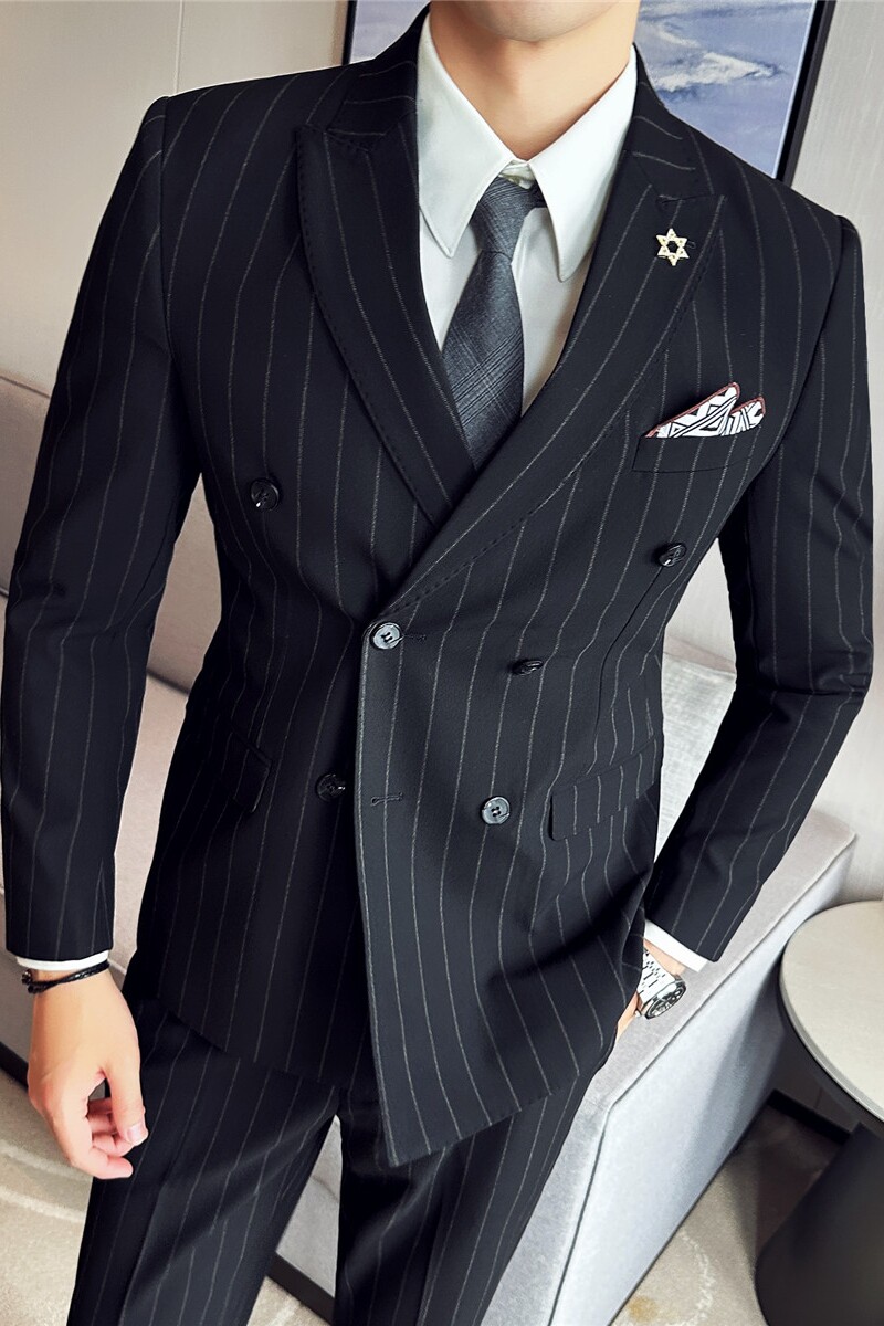 新郎西服套装条纹双排扣戗驳领西装三件套男西服黑色SJT8013-P275,男装西服套装,电商A213