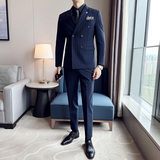 新郎西服套装条纹双排扣戗驳领西装三件套男西服蓝色SJT8013-P275，男装西服套装，电商A213