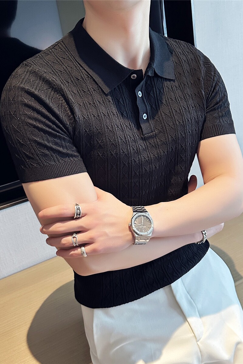 薄款时尚提花针织短袖T恤修身短袖Polo衫翻领tee黑色PL9781-P68,男装T恤,电商A213