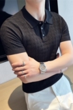 薄款时尚提花针织短袖T恤修身短袖Polo衫翻领tee黑色PL9781-P68，男装T恤，电商A213