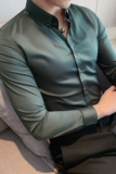常年做2025秋装新款男纯色长袖衬衫质感衬衣修身墨绿色CS02/P50，男装衬衫，电商A213