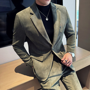 加厚毛呢西服套装条纹西装两件套金属装饰厚款墨绿色LJT960-P235图片