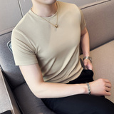 薄款冰丝弹力西条纹修身短袖T恤男弹力圆领打底衫砖红色TH005-P35，男装T恤，电商A213