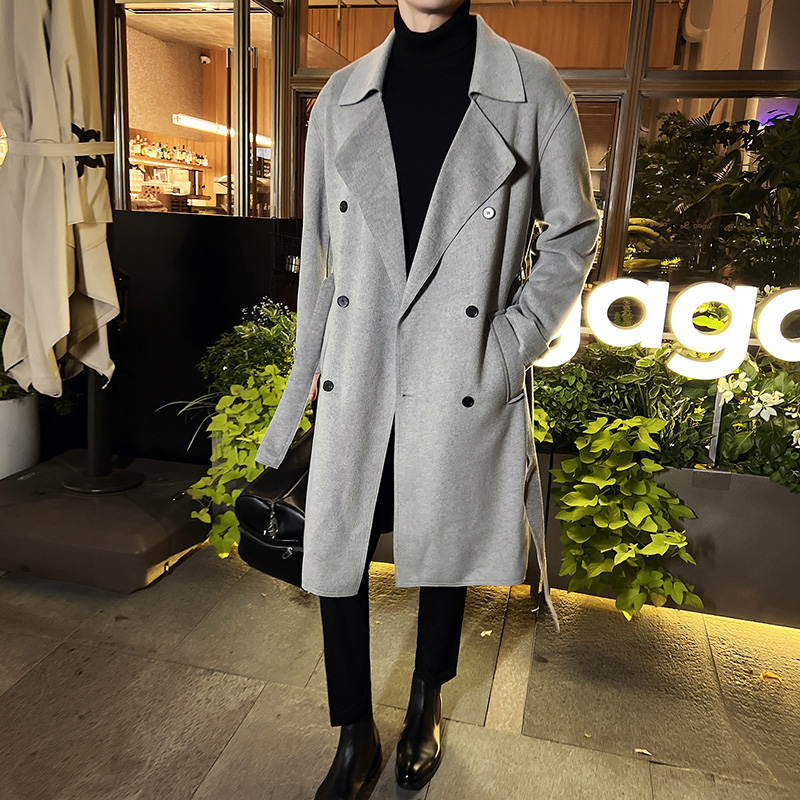 送腰带~西装领轻薄双面呢大衣男外套中长款灰色风衣高端DY91-P168，男装毛呢大衣，电商A213