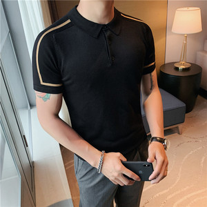 长期做~时尚拼色条纹修身弹力针织冰丝T恤男短袖POLO衫PL9802-P55图片