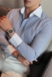 长期做~拼色大领衬衫男士长袖修身条纹西装衬衣蓝色C6607-P68，男装西服套装，电商A213