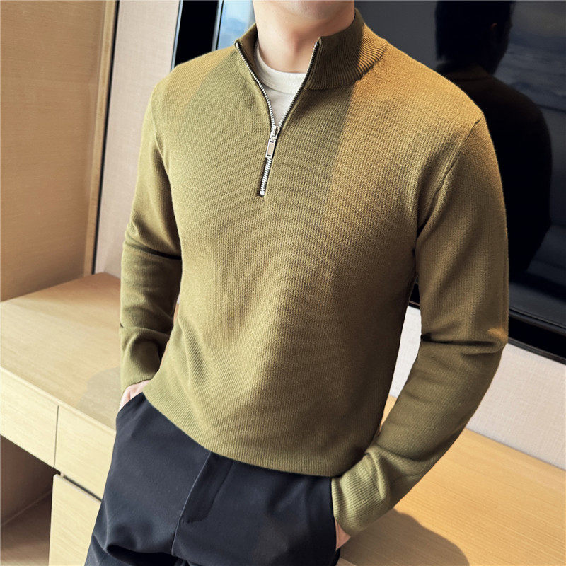 高级感秋冬毛衣半拉链外套男修身立领针织衫浅杏色M8808-P78,男装针织衫/毛衣,电商A213