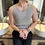 高级感坑条针织背心男无袖紧身T恤修身弹力内搭背心灰色BX002-P53，男装背心/马甲，电商A213
