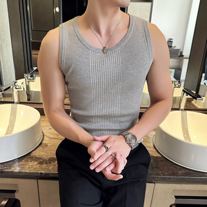 高级感坑条针织背心男无袖紧身T恤修身弹力内搭背心灰色BX002-P53图片