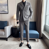 新郎西服套装条纹双排扣戗驳领西装三件套男灰色SJT6852-P275，男装西服套装，电商A213