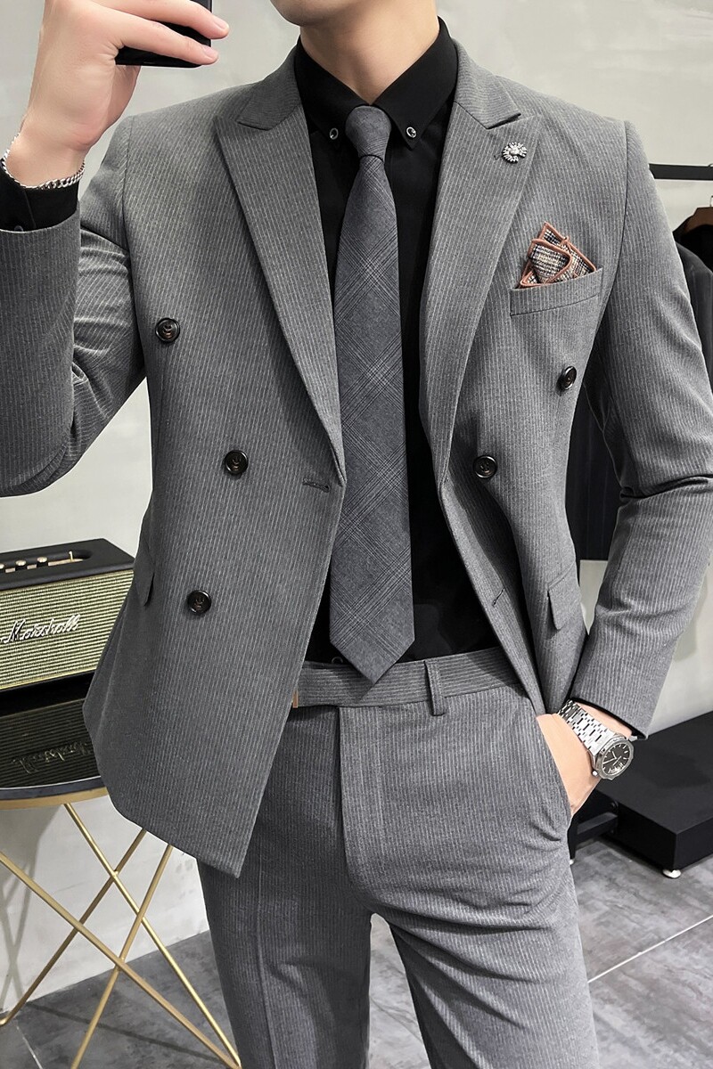 质感条纹西服套装男痞帅修身双排扣正装结婚西装中灰LJT112-P230,男装西服套装,电商A213