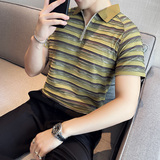 凹凸设计条纹拼接撞色男士商务休闲Polo衫翻领短袖T恤PL2427-P58，男装T恤，电商A213