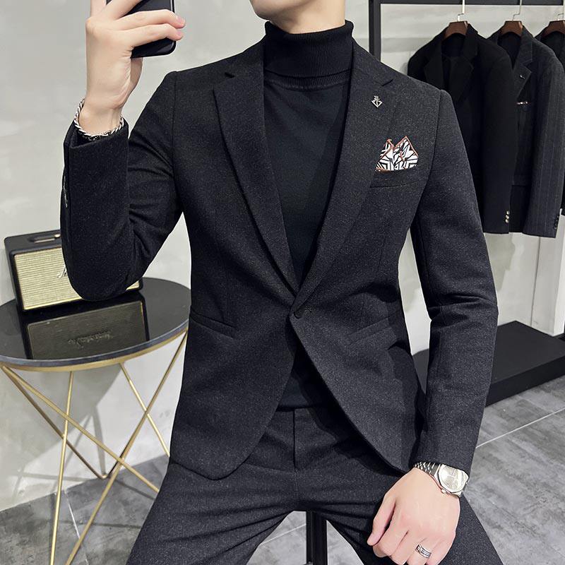 毛呢子休闲小西装外套男修身韩版秋冬加厚款西服套装LJT6951-P230，男装西服套装，电商A213