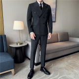 大码戗驳领双排扣西装两件套男修身商务西服套装LJT7053-P150特，男装西服套装，电商A213