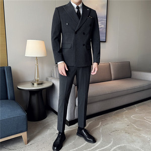 大码戗驳领双排扣西装两件套男修身商务西服套装LJT7053-P150特图片